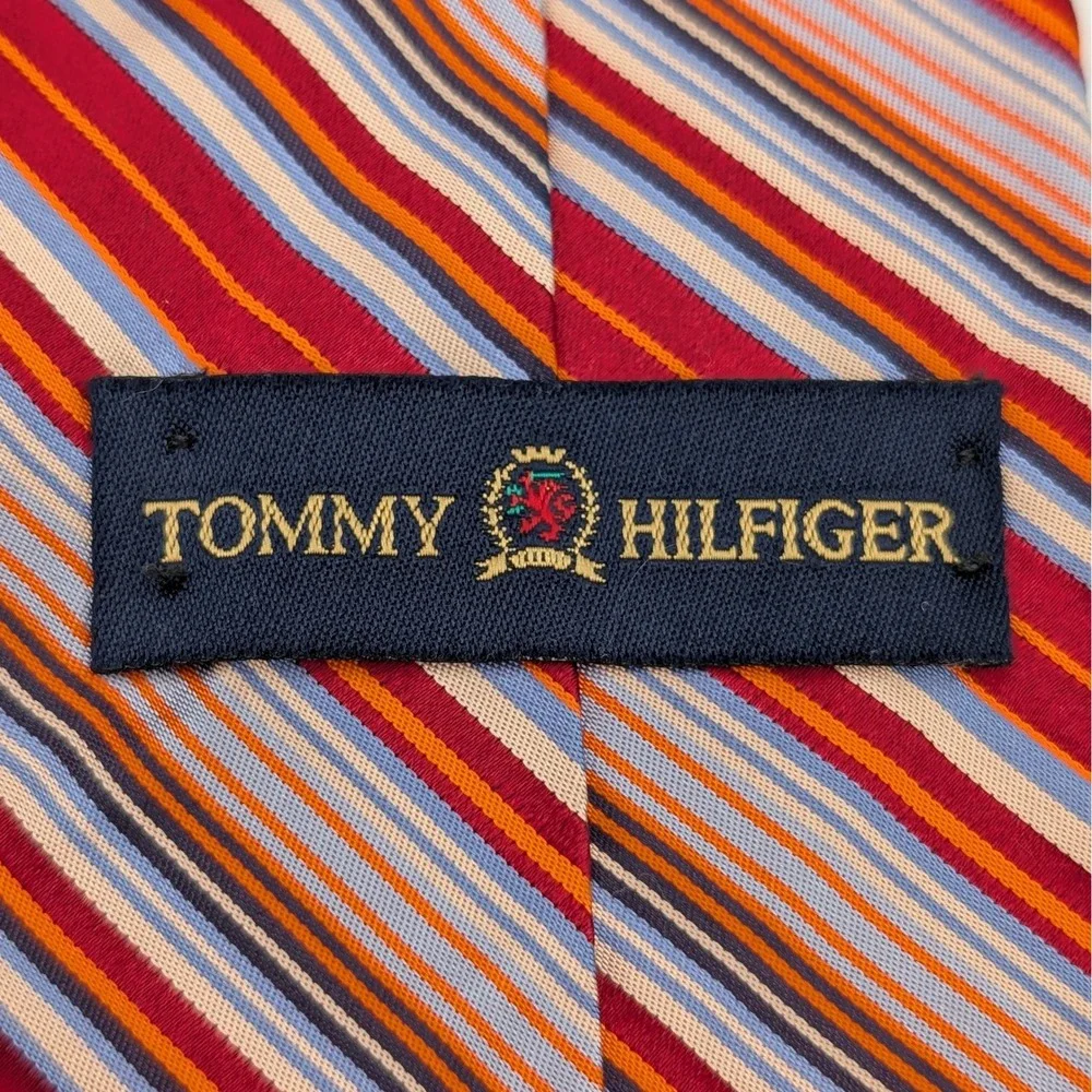 Tommy Hilfiger Mens Tie Red Blue Orange Multi Stripe Silk Prep Business 58.5